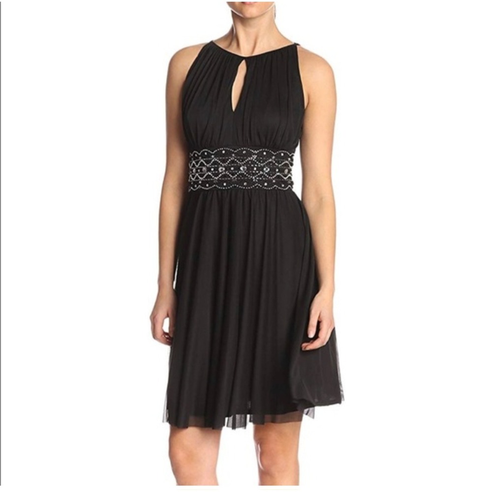 Jessica Howard Cocktail Dress 10 Black Beaded Halter Chiffon Fit & Flare Keyhole